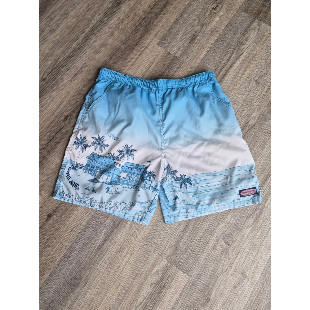 Vineyard Vines Mens Blue Ombre Tropical Beach Scene Swim Trunks Size L